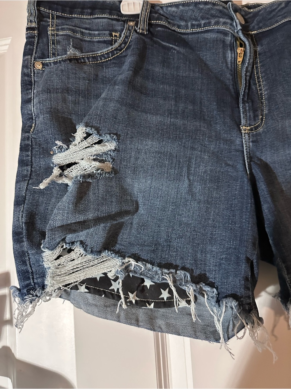 Distressed Dark Blue Denim Shorts with Flag Pockets - Picture 3 of 6
